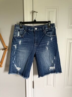 Women's Distressed Dark Blue Denim Bermuda Shorts
